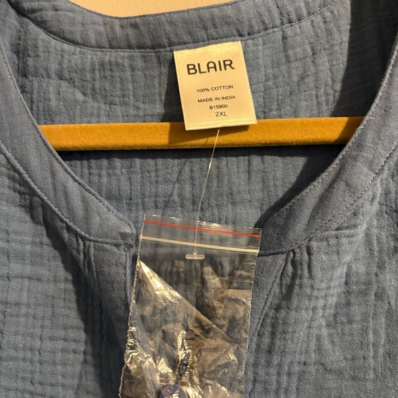 Blair Blue Textured Cotton Button-Front  Summer Casual Tunic Shirt Top - Picture 7 of 9